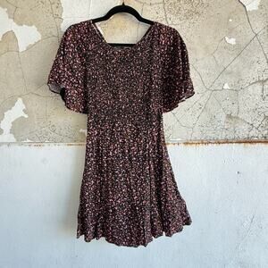 Cottagecore‎ Floral Smocked Mini Dress Lace Up Back Flutter Sleeve Black Pink